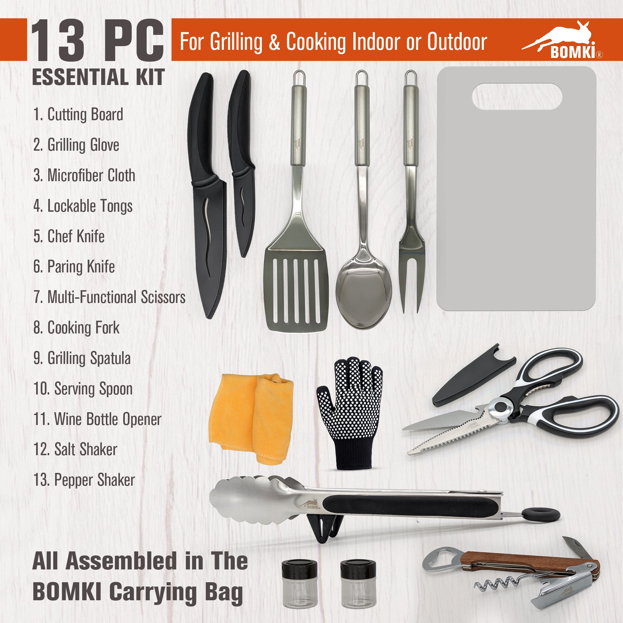 BOMKI 13 PC Grilling & Cooking Essentials - Brown